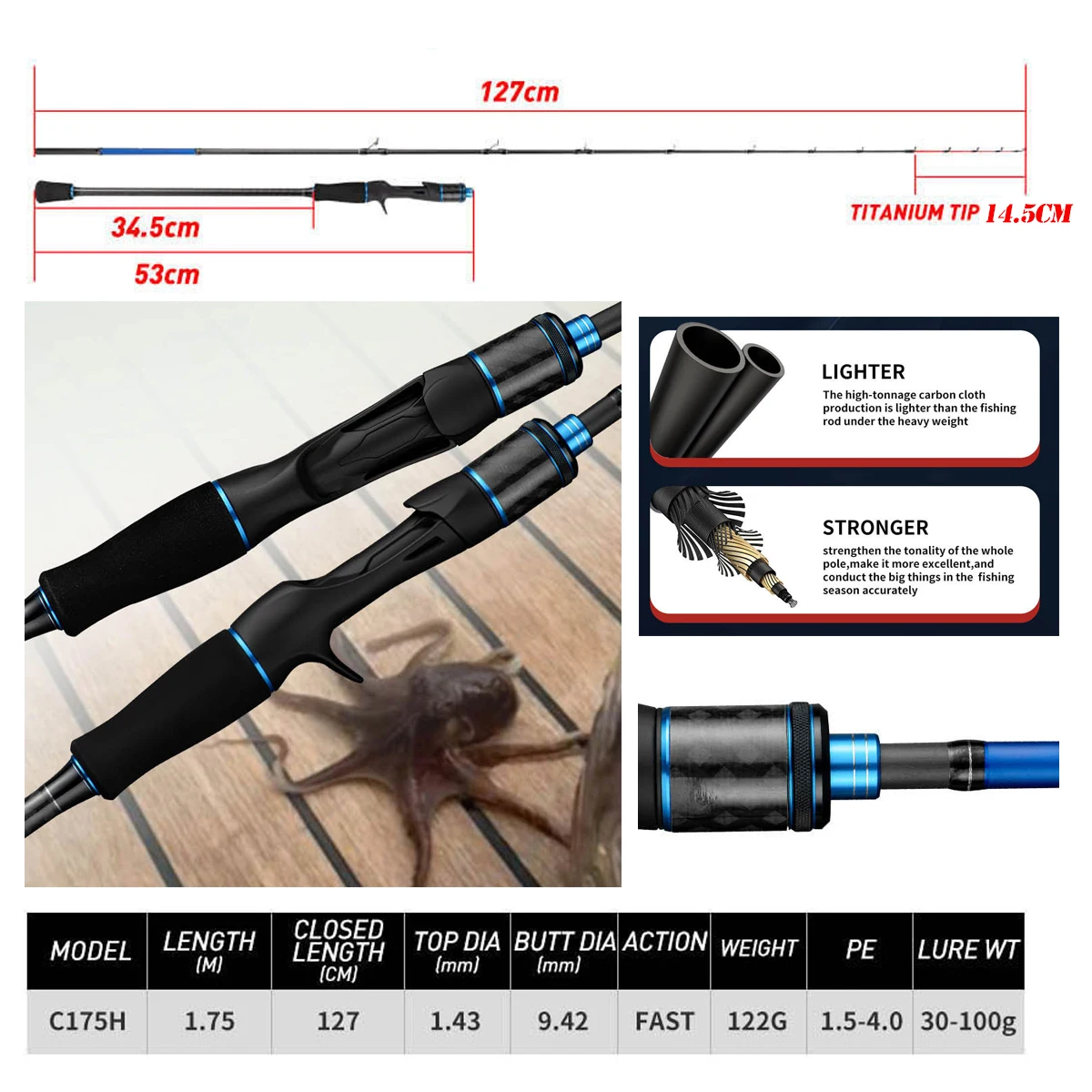 Fishing Rod for Casting Jigging Rod 1.75m Hard Power Jigging Rod Powerful Titanium Tip Rod for Octopus Boat Rod High Quality