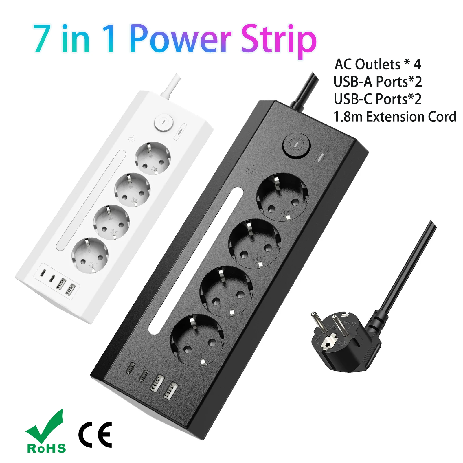

Угловая розетка европейского стандарта, 4 розетки переменного тока, настольный удлинитель с 2 портами USB A 2 типа C, кабели 1,8 м, светодиодная подсветка для домашней кухни