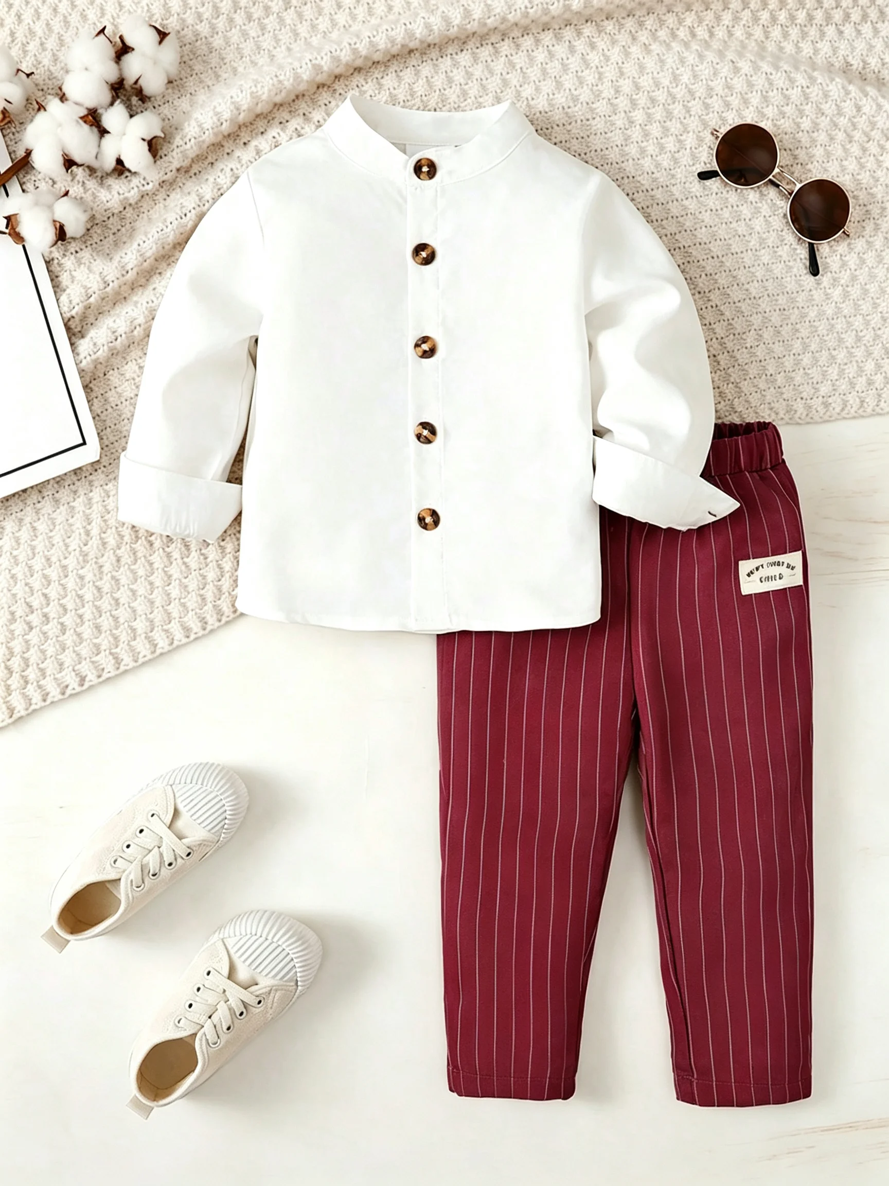 2-Piece Set for Young Boys: Spring and Autumn Trendy Casual Long-Sleeve Stand-Collar Shirt & Striped Long Pants. Children's Clothing Suitable for Daily Casual Wear, School, Outings, Parties, Weddings, Performances, and Photoshoots during the Back-To-School Season