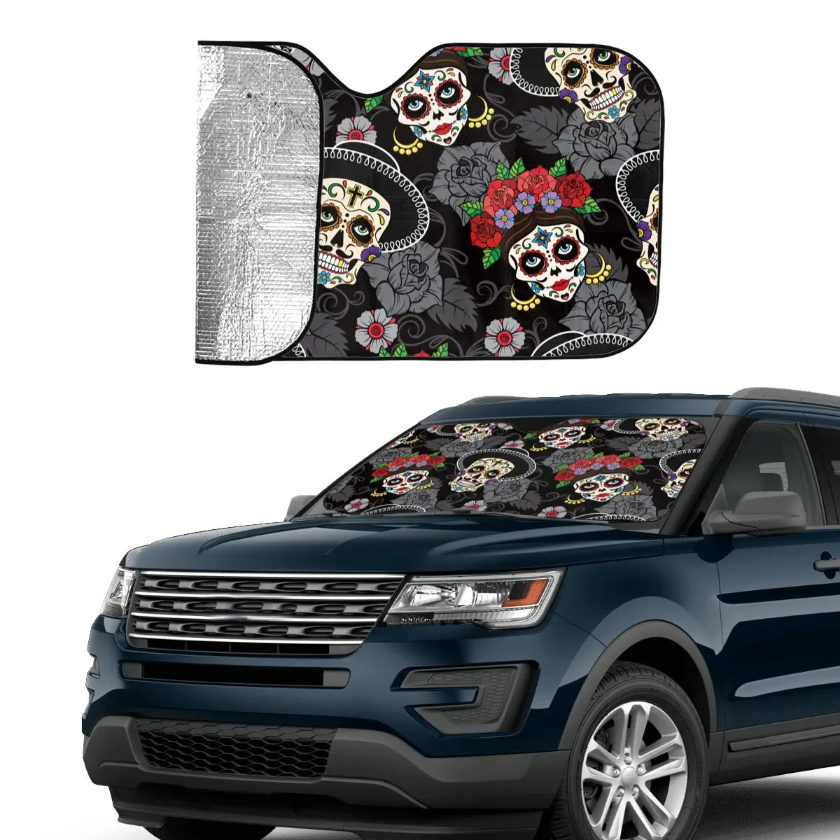 Day Of The Dead Halloween Polyester Sunshade Windscreen Sugar Skull Rose Aluminium Foil Car Sunshade Ice Shield Dust Protection