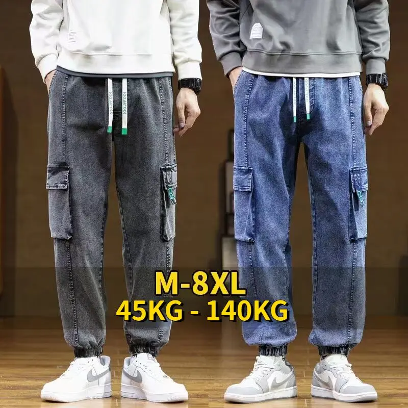 Plus Size Men\'s Cargo Jogger Jeans Hip Hop Streetwear Multiple Pockets Stretched Cotton Casual Denim Pants Baggy Trousers 8XL