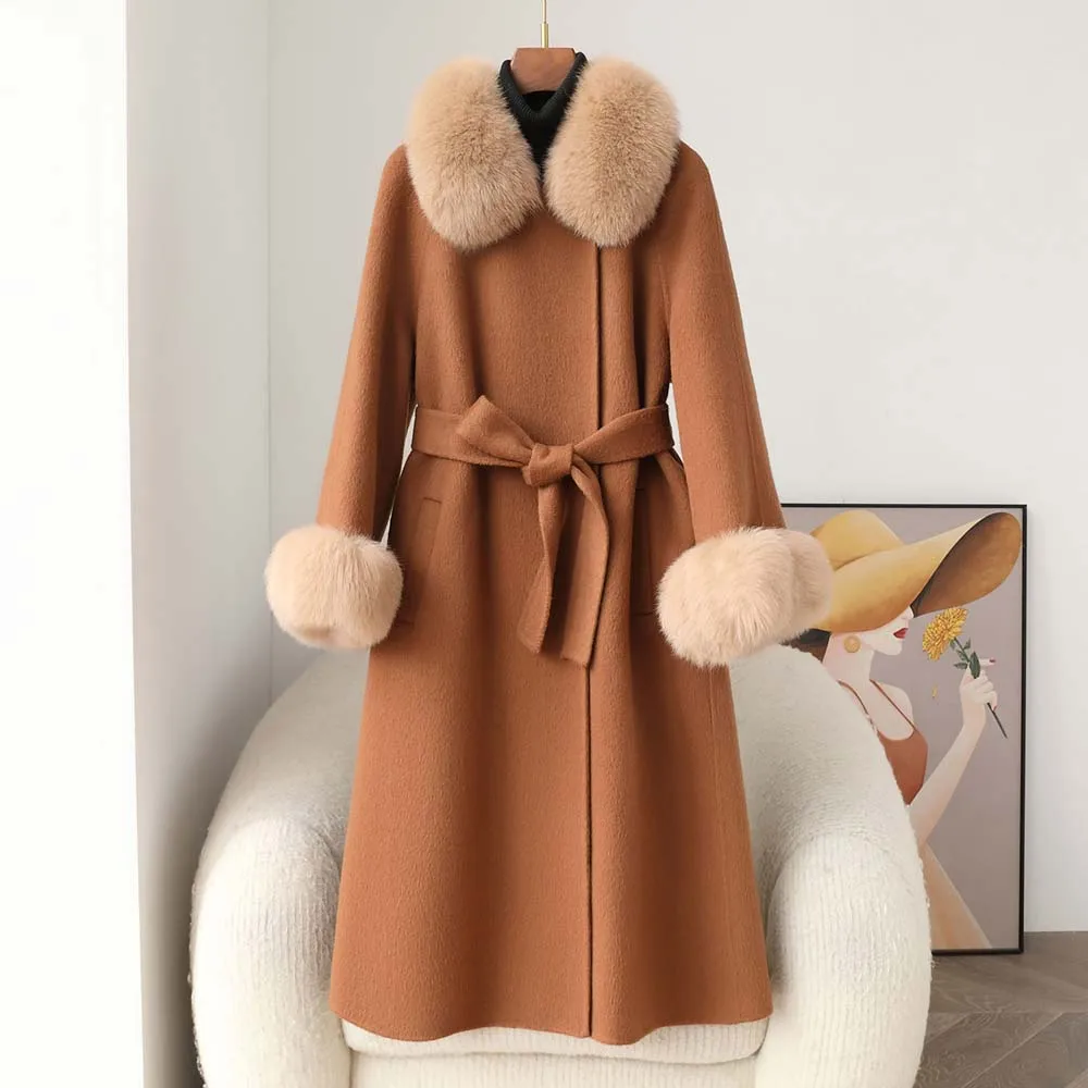 

New Fashion Winter Jacket Women Long Natural Wool Blends Cashmere Real Fur Coat Belt Warm Wool Streetwear