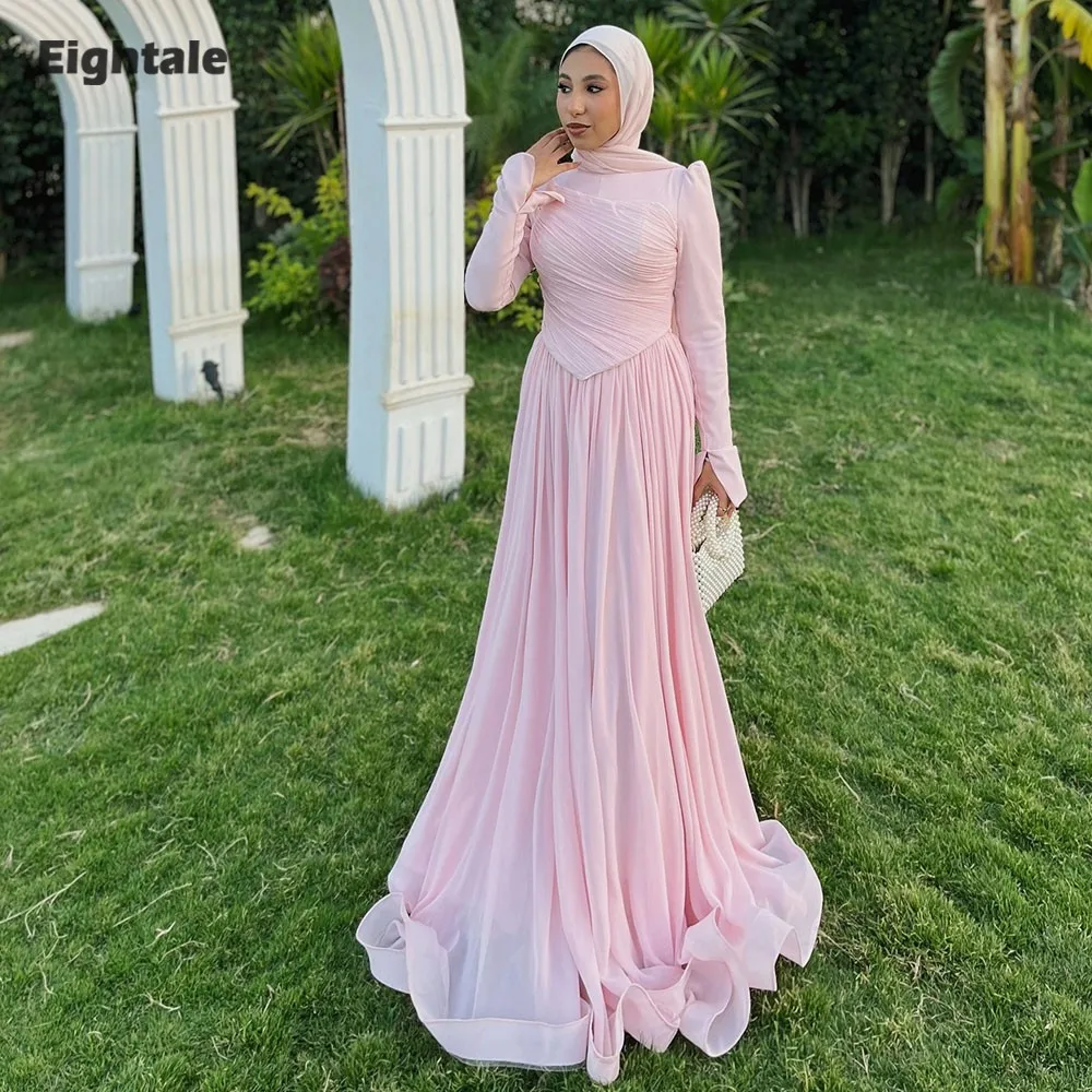 

Eightale Arabic Evening Dress O-Neck Customized A-Line Light Pink Chiffon Muslim Long Sleeves Prom Wedding Party Gown