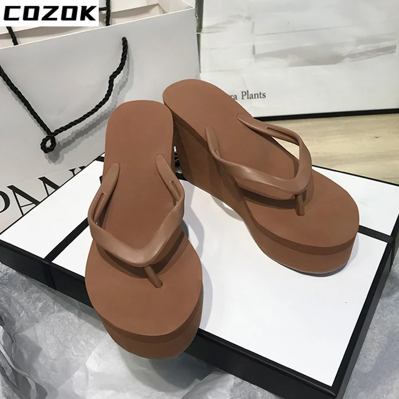 2022 Women Wedges Slippers High Heels Solid Ladies Slides Flip Flops Bathroom Female Shoes Casual Solft  Slip On Summer New