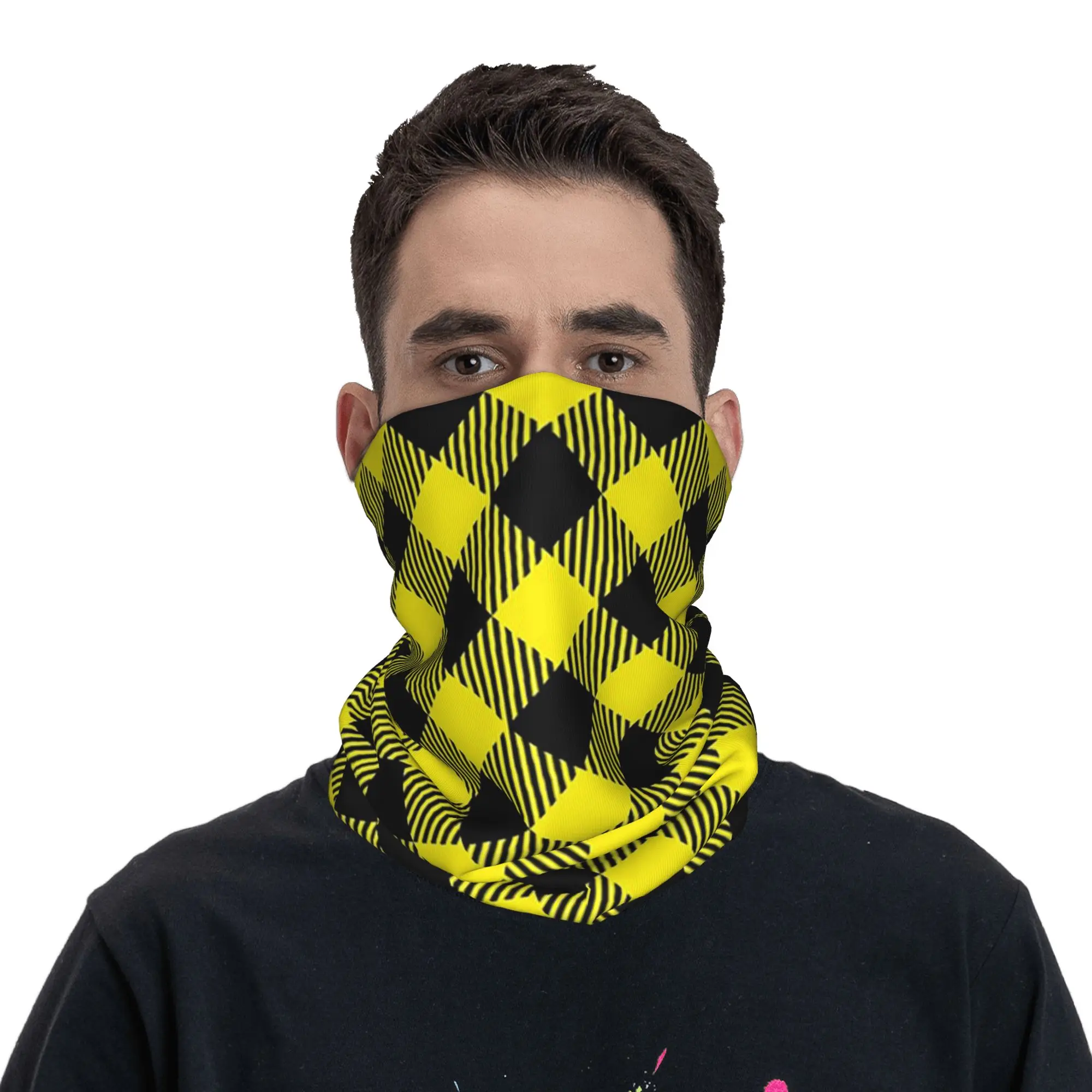 Yellow And Black Buffalo Check Pattern Bandana Neck Gaiter Printed Mask Scarf Warm Cycling Scarf Outdoor Sports For Men Women