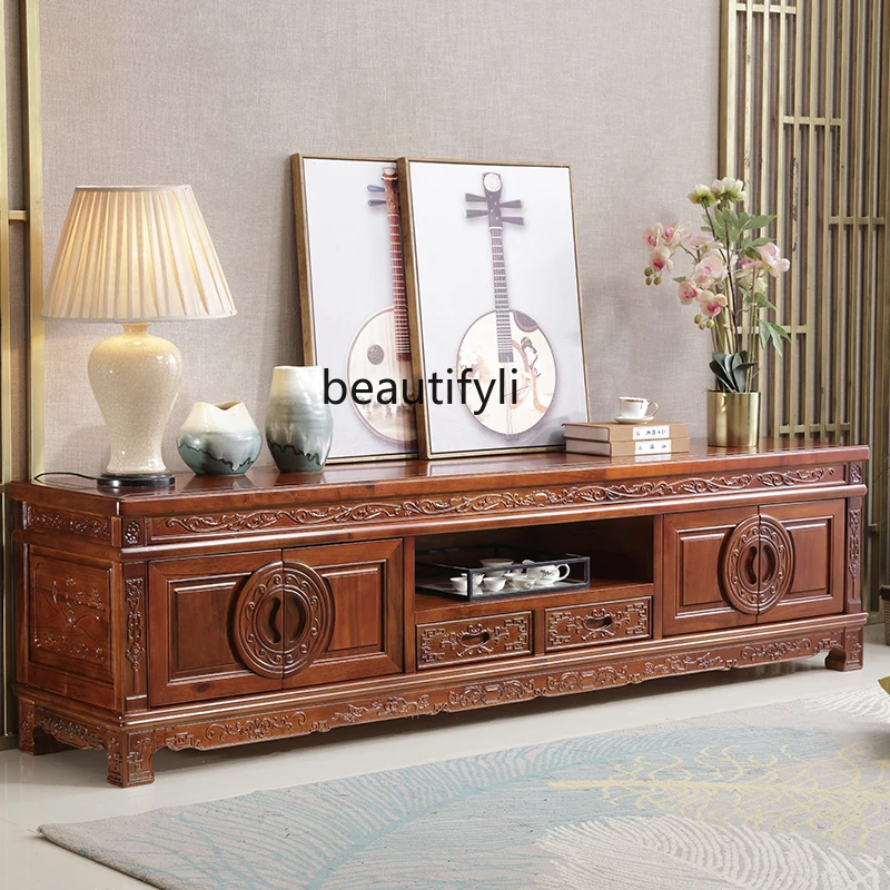 Chinese Classical Carved TV Cabinet Camphor Wood Floor Cabinet Household Antique Storage Cabinet