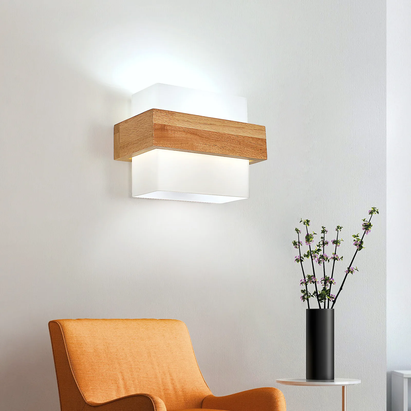 LED-Wandleuchten für Innenräume, Kreative Quadratische Holz-Wandlampe, Moderne Glas-Wandleuchte für Schlafzimmer, Wohnzimmer, Flur und Esszimmer