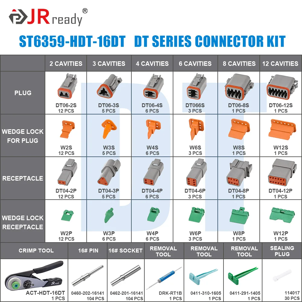 JRready ST6359 Deutsch Connector Kit, 2 3 4 6 8 12 Pin DT Connectors, Size 16 Solid Contacts 16-20AWG,Deutsch Crimp Tool