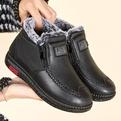 Winter Snow Boots Women Ankle Boot Retro Pu Leather Mother Shoes Warm Plush Comfy Zipper Waterproof Female Footwear Botas Mujer