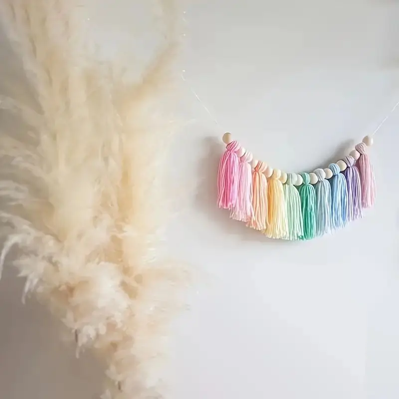 1pc Boho Colorful Rainbow Tassel Garland Handmade Wooden Bead Banner Home Festival Party Decoration Wall Hanging Banner