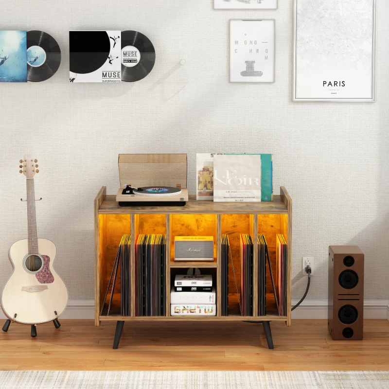 

Record Player Stand，Vinyl Record Storage Cabinet ,Turntable Stand with Storage，Album Storage Cabinet with LED Light for Bedroom