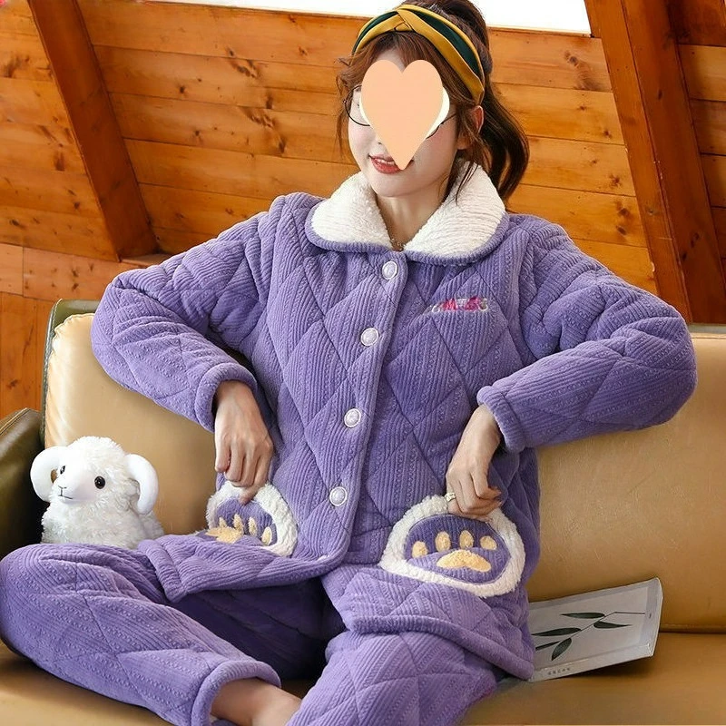 

Женские зимние пижамы, новый трехслойный утепленный пижамный комплект, осенняя теплая и удобная стеганая куртка из кораллового флиса, одежда для дома