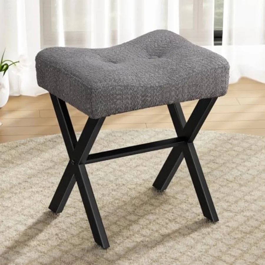 

18-Inch Vanity Stool Chair Vanity Bench with Metal X-Legs Ottoman Accent Stool with Breathable and Soft Boucle Fabric Saddle Se