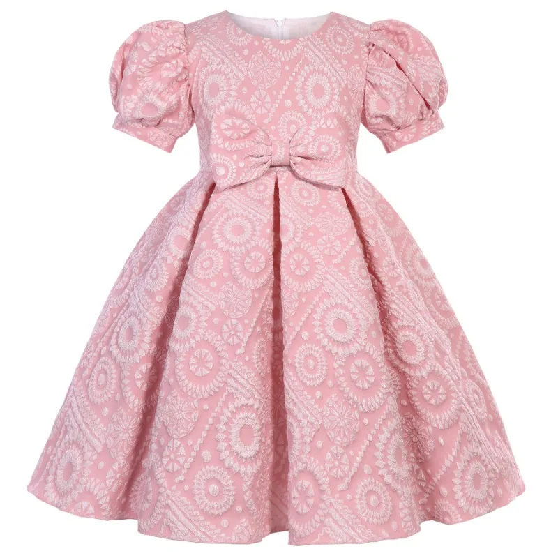 

New Style Children's Princess Dress with Bubble Sleeves, Flower Girl Bowknot Print and Puffy Skirt.