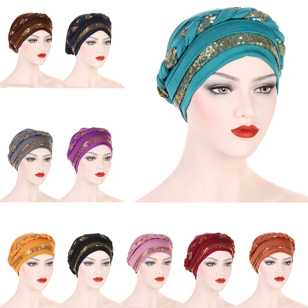 Sequins Braids Women Muslim Indian Hijab Chemo Cap Bonnet Cancer Hair Loss Hat Bonnet Headwrap Scarf Cover Femme Turbante Mujer