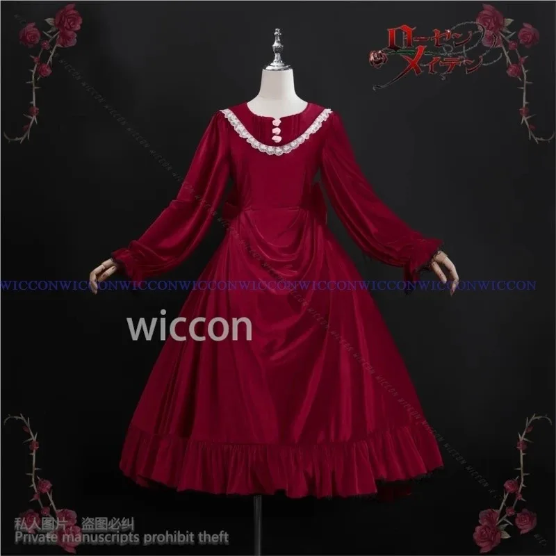 Cyanime rozen donzela shin ku cosplay traje vestido de veludo vermelho lolita chapéu perucas para meninas mulher festa de halloween personalizar