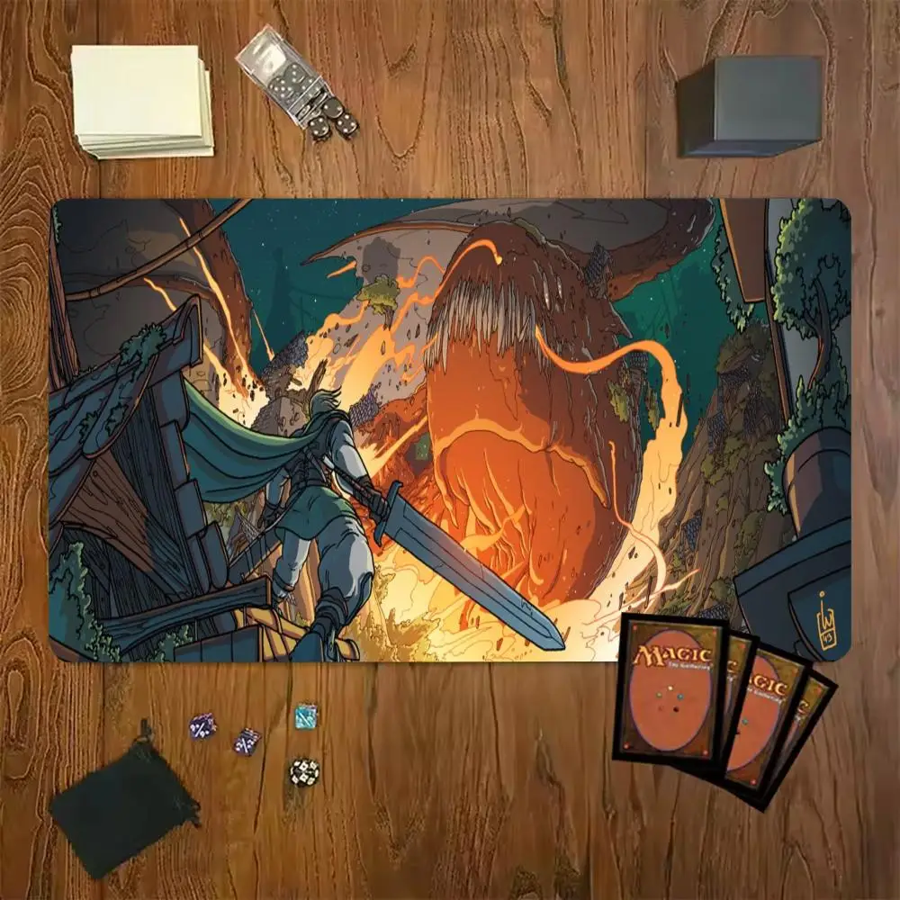 Fire Dragon Swordsman Mouse Pad Card Playmat Stitched with Magic Zones Tabletop for MTG/TCG Card Battle Commander Gaming Mat