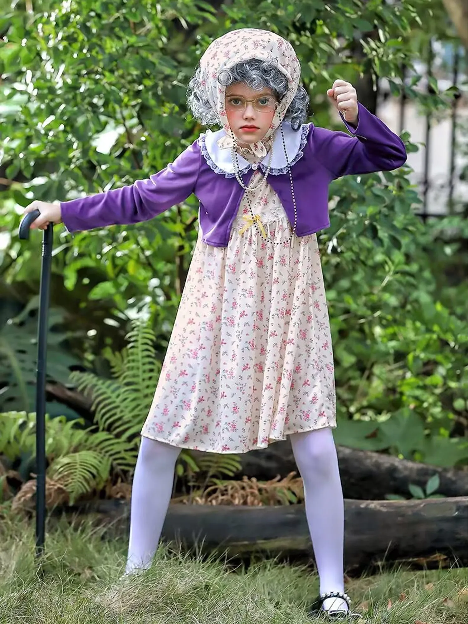 زي الفتيات السيدة العجوز 100 يوم من المدرسة فستان الجدة الجدة 10 قطع شعر مستعار الزي