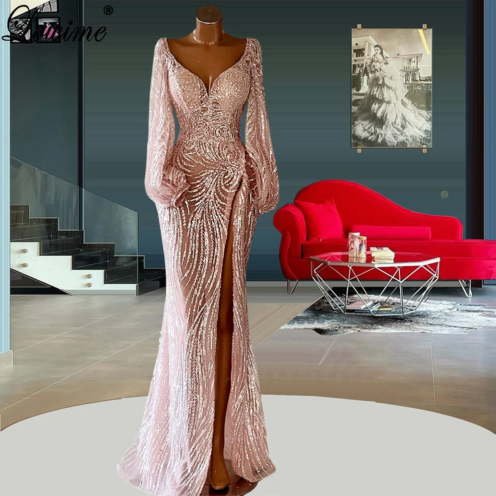 Blush Pink Sparkly Prom Dresses 2022 Long Sleeves Formal Evening Dresses For A Wedding Vestidos De Mujer Modest Engagement Gowns