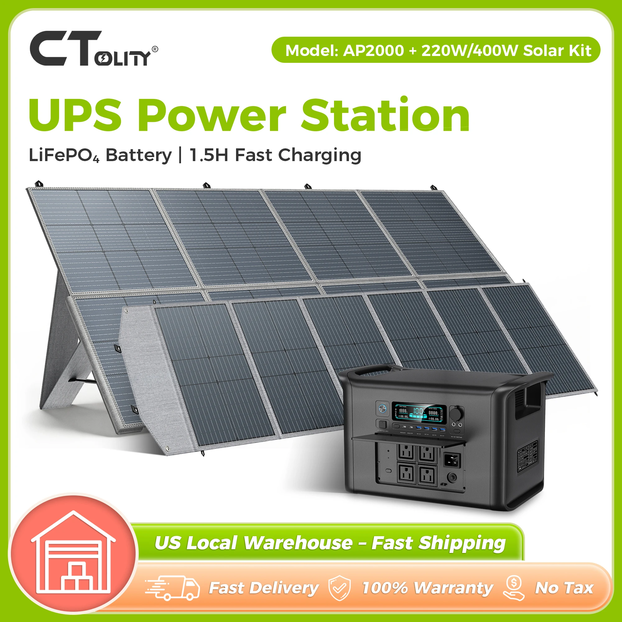 CTOLITY AP2000 Portable Solar Generator 220W/400W Solar Panel 2048Wh Lifepo4 Battery Power Station Pure Sinve Wave Emergency Supply
