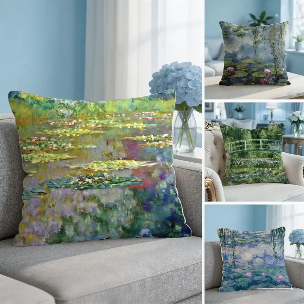 Water Lilies Claude M-Monet Fine Art Cushion Cover Soft Throw Pillow Cover Hidden Zipper Cutecore Sofa Bedroom Home Decor