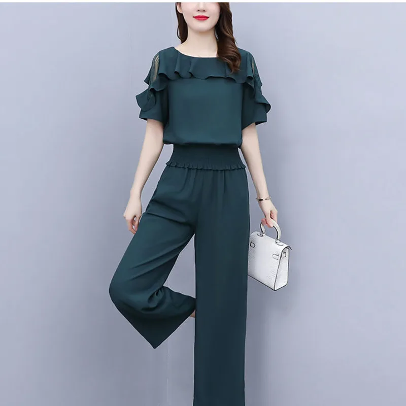 Szyfonowe spodnie damskie z szerokimi nogawkami 2024 Summer New Fashion Slim Corp Tops Ankle-Length Trousers Two Piece Set For Women Clothes