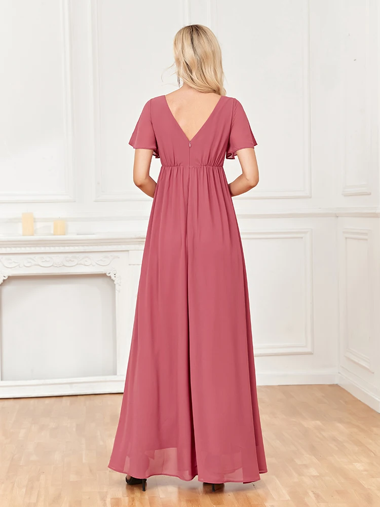 2023 Nieuwe Lente Zomer Chiffon Avondjurken Dubbele V-hals A-lijn Wedding Party Bruidsmeisje Dress Side Slit Floor Lengte Jurk