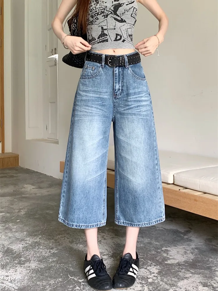 

Blue High Waist Wide Leg Jeans Women's Summer New Loose Casual Straight Leg Pants Versatile Washed Denim Casual Style Pure Color