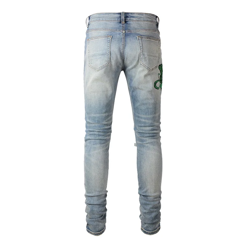 Light Blue Jeans Embroidered Snake Patchwork High Street Stretch Distressed Slim Fit Ripped Jeans Men