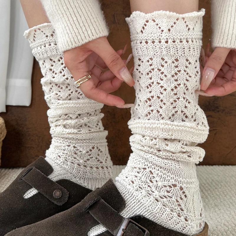 

Women Winter Knitted Long Socks Lolita Sweet Hollow Pile Hosiery Fashion Cozy Leg Socks for Ladies Girls Home Mid Calf Stockings