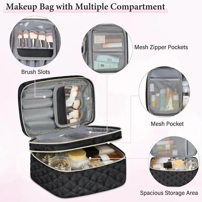 WomenS Large Capacity Makeup Brush Storage Bag Portable Travel Toiletry Bag Multi-Functional Double-Layer Makeup Bag