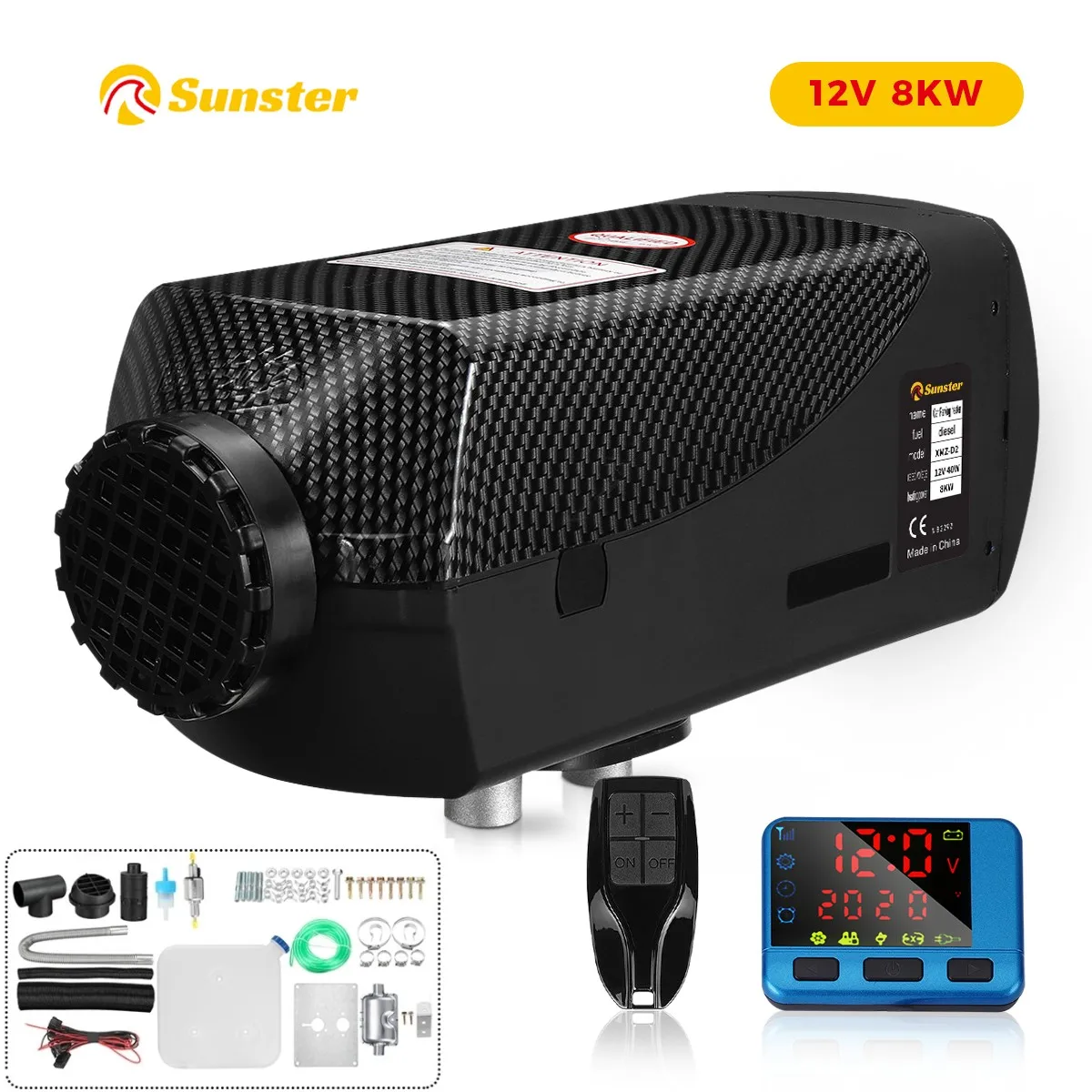 Sunster 8KW 12V Heater For Car Diesel Air Heater With Silencers LCD Switch For Car Trailer Truck Diesel Parking Heater