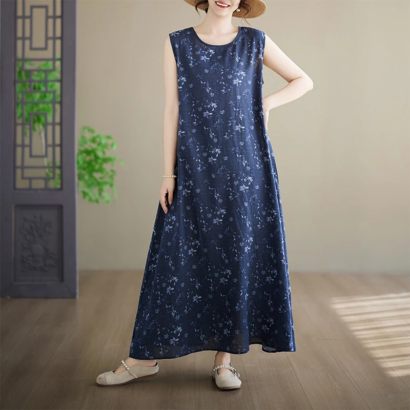 

plus Size Cotton Printed Summer Dress Thin Sleeveless Long Skirt Soft Skin-friendly High Waist A-line Gown Ethnic Style Women...