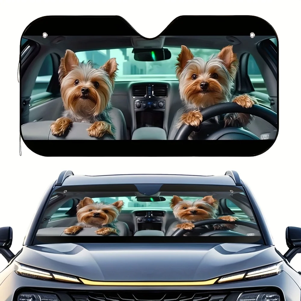 قطعة واحدة من مظلة السيارة المطبوعة على شكل كلب يوركشاير جحر مع 4 أكواب شفط - مظلة أمامية، ظل تبريد قابل للطي للسيارات، يوركشاير تير