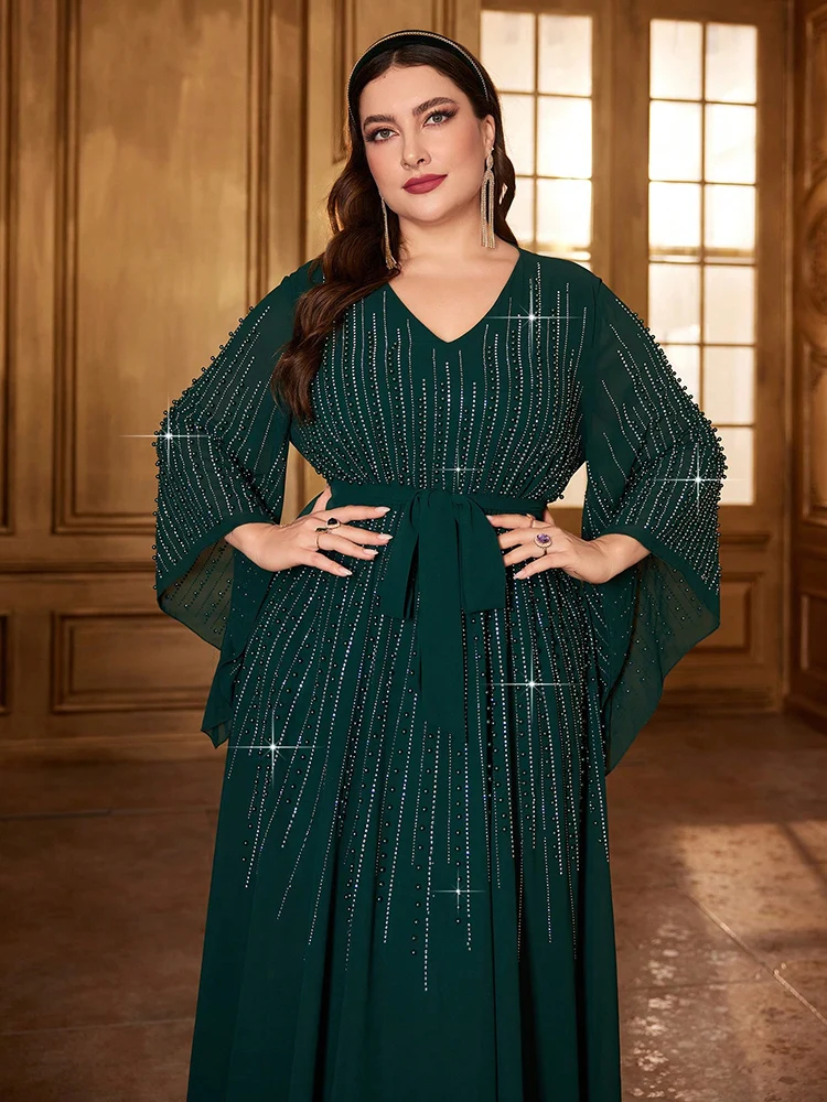 TOLEEN-Women Bead Bell Sleeve Belted Dress, Long Maxi Dresses, Luxury, Elegant, Formal, Arabian Party, Evening, Plus Size, 2024