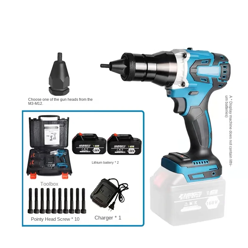 Pistolet à riveter électrique sans balais avec batterie au lithium, kit de machine à écrou, tête automatique, ensemble d'outils de rivetage, injuste