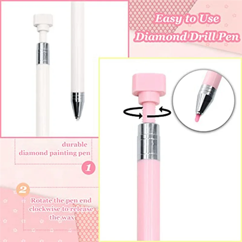 34 Pcs Diamond Painting Pens Kit, 2 Pcs Refillable Wax Pen with 32 Pcs Wax, Rotating Glue Point Drill Pen(Pink & White)