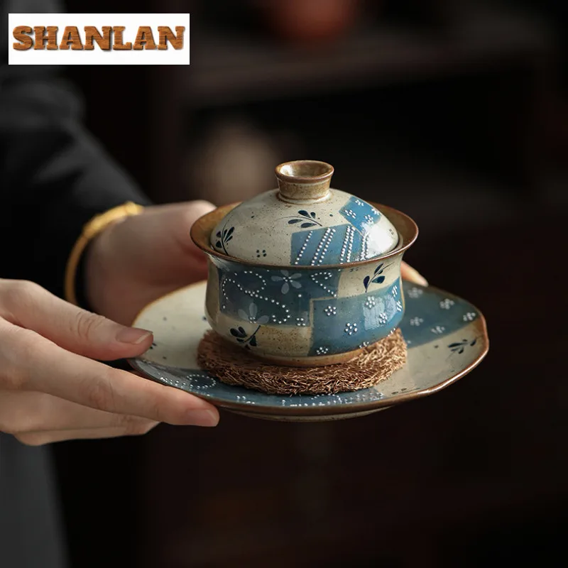 

110ml Hand-painted Blue Cloth Floral Patchwork Gaiwan Retro Tea Tureen Tea Bowl With Lid Kit Tea Maker Cover Bowl Tea Items Gift