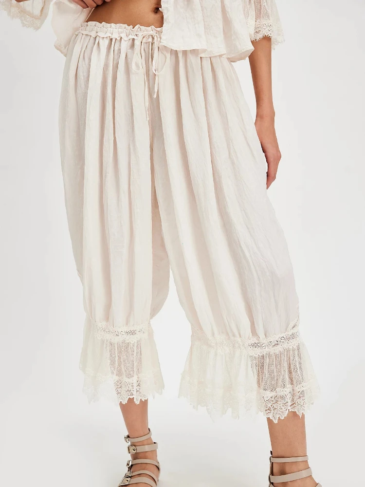 Women's Y2K Loose Fit Bloomers Cropped Pants Drawstring High Waist Floral Lace Patchwork Calf-Length Lantern Trousers