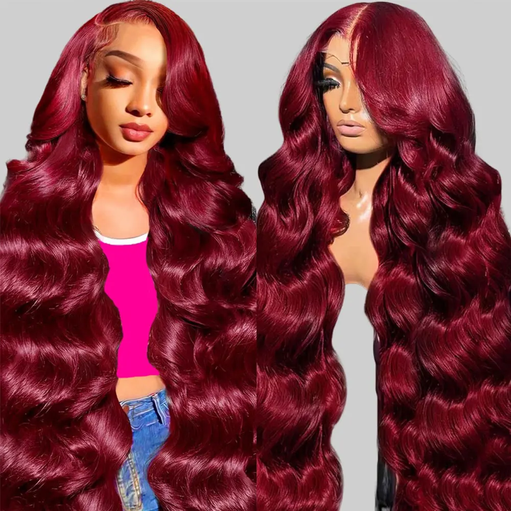

200% Density 99j Human Hair Wig 34 Inch Burgundy 13x4 HD Lace Frontal Body Wave Human Hair Wigs 100% Brazilian Human Hair