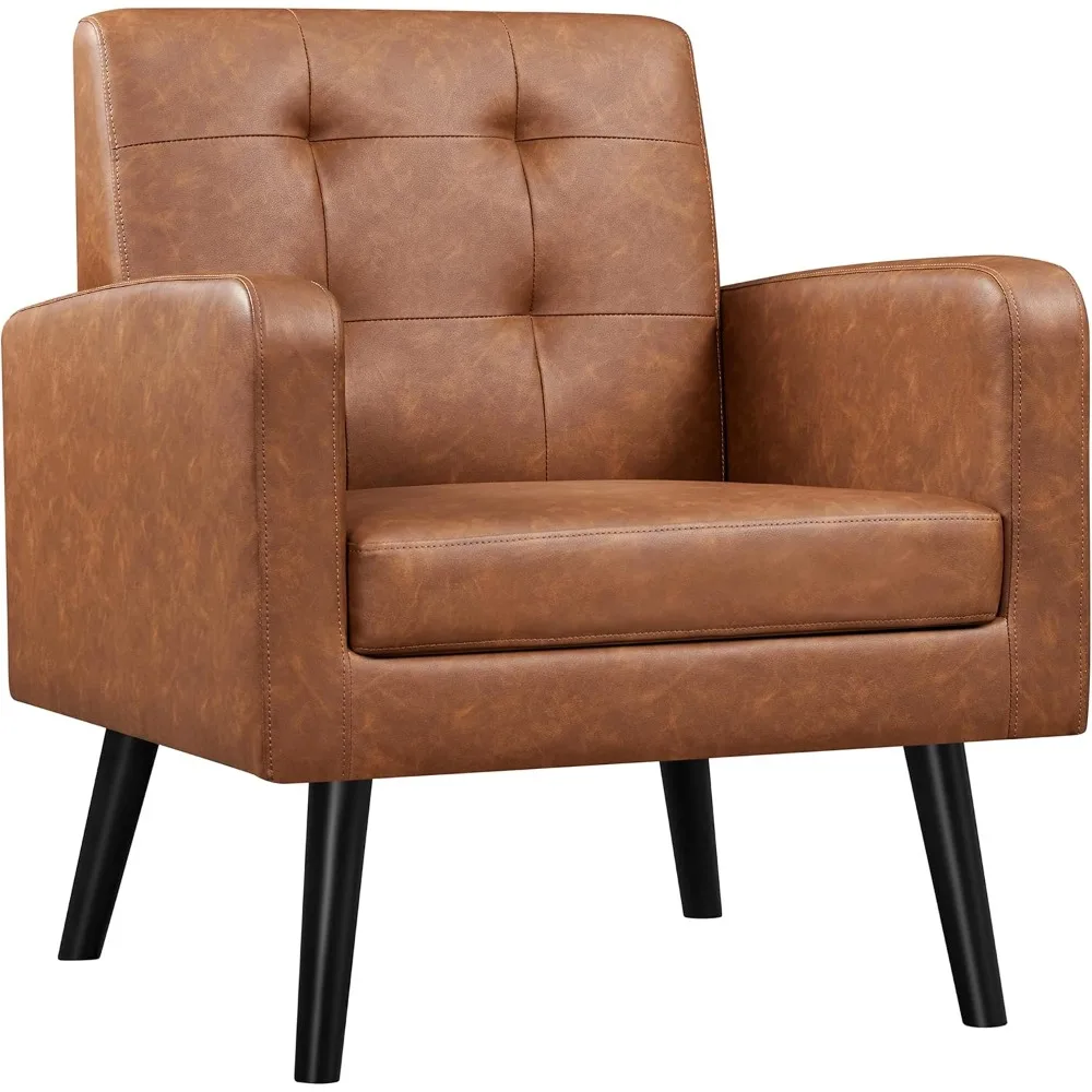 

mid-century accent chairs, pu leather modern upholstered living room chair, cozy armchair button tufted back and wood legs for