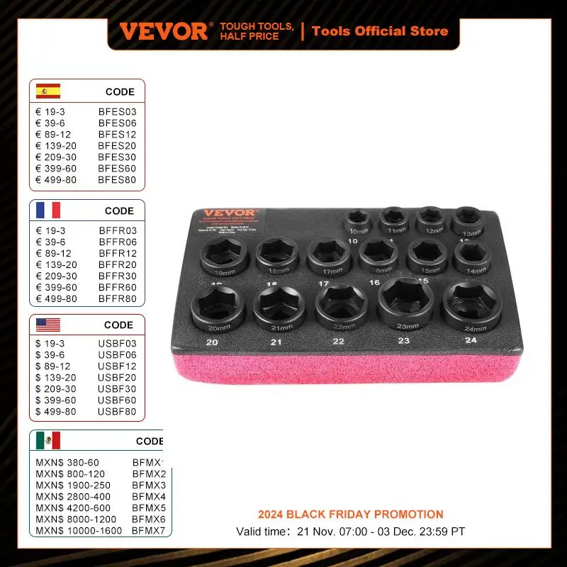 VEVOR Drive Impact Socket Set Cr-Mo Alloy Steel for Auto Repair Easy-to-Read Size Markings Rugged Construction Socket Organizer