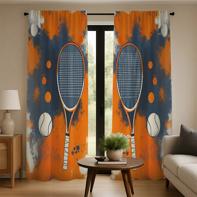 Vintage Tennis Racket Curtain, Orange Blue Sports Print Drape, Retro Ball Pattern Window Treatment, Gym Home Decor, Athletic