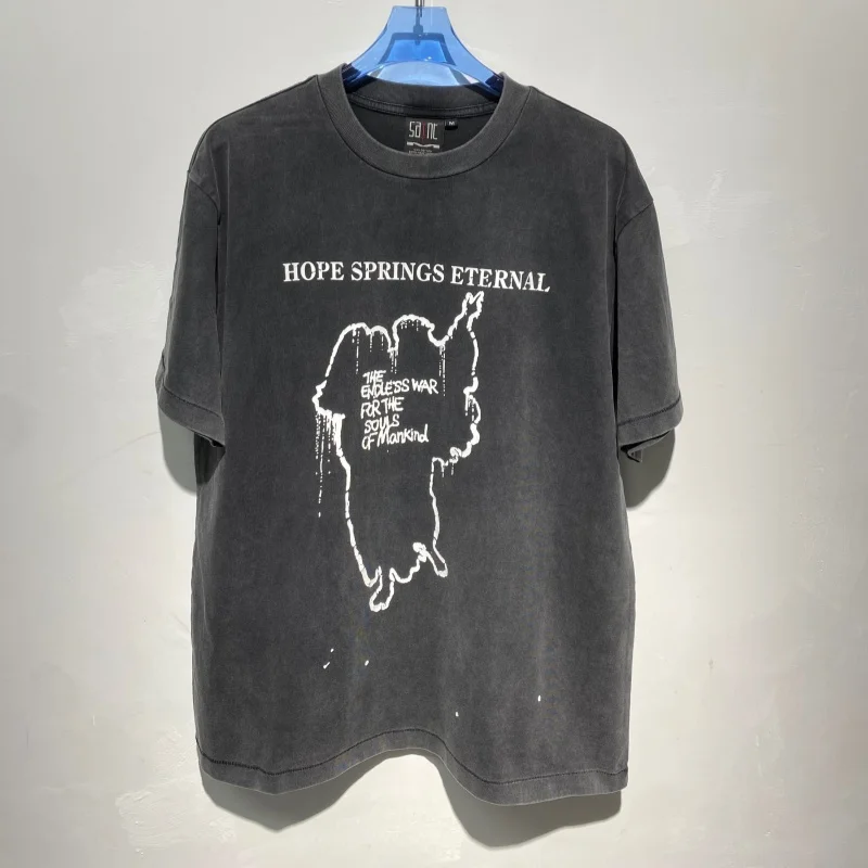 Vintage Acid Washed Men T-Shirt Double Side Drip Eternal Slogan Print Oversized Cotton Tops