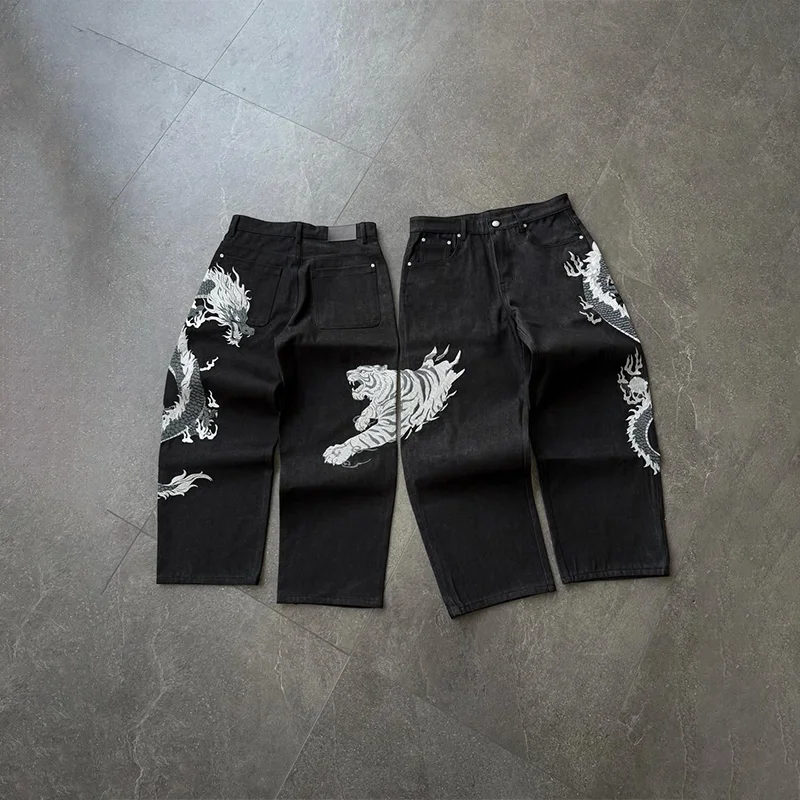 

Y2K Высококачественные повседневные джинсы с белым драконом и тигром, свободные прямые джинсы для мужчин и женщин, трендовая уличная одежда в стиле хип-хоп