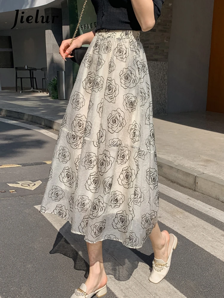 Jielur Summer High Waist Chiffon Floral Print Skirts Women Korean Style A-line Pleated Skirts Vintage Elastic Midi Skirt Female