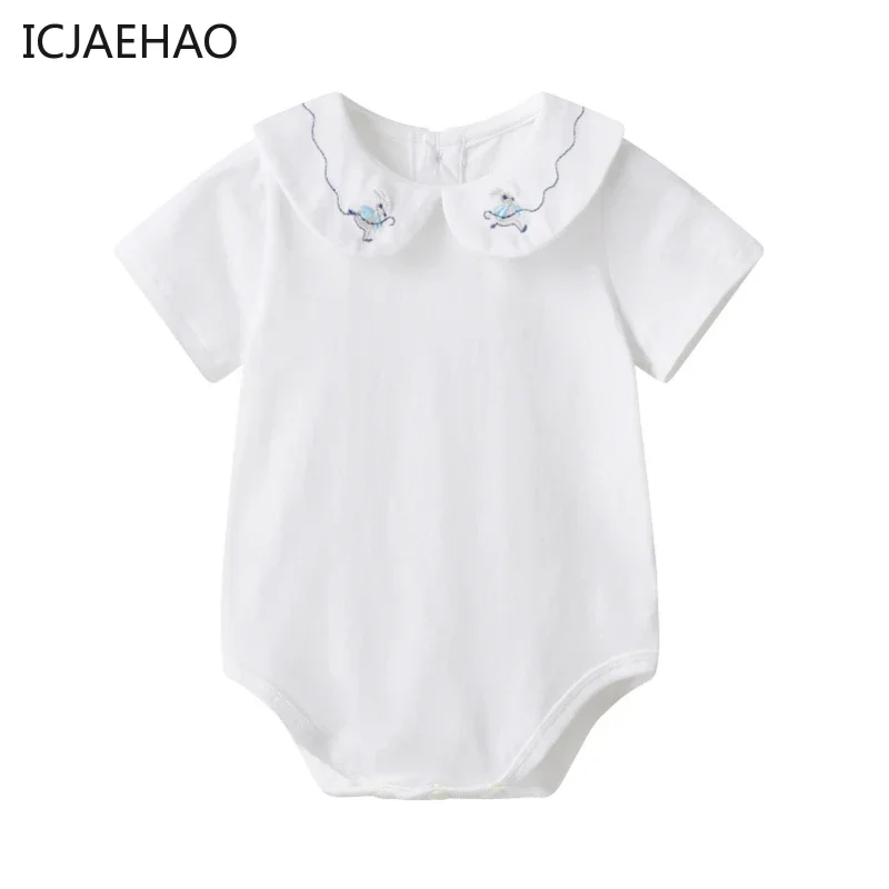 

ICJAEHAO 2024 Newborn Jumpsuit Summer New Short-sleeved Baby Wrap Fart Rabbit Embroidered Doll Collar Triangle Climbing Suit