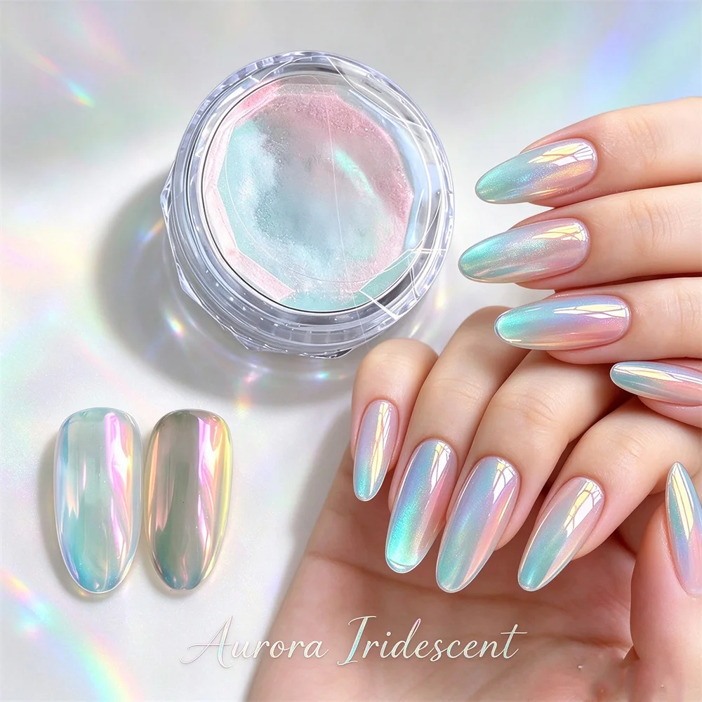 1 Glas Meerjungfrauen-Aurora-Chrom-Nagelpuder Chamäleon Irisierendes Perlmuttpigment für Nagelkunst Gel-Lack Maniküre-Dekoration
