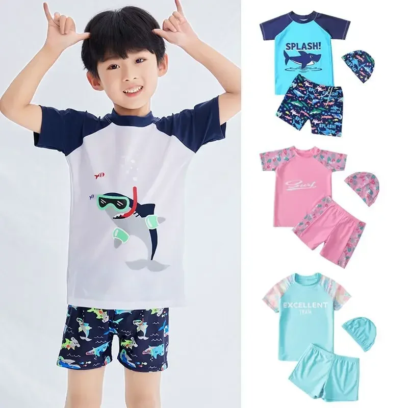 Children's Swimsuits with Swim Cap, Boys Girls Korean Split Swimming Trunks, Baby's Cartoon Swimwear, Kids, , 0-12Years Old