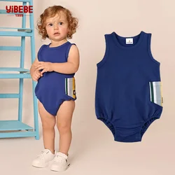 AA-Baby Romper Blue Knitted Denim sleeveless side striped pocket baby boy & girls clothes baby overall round neck family set